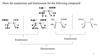 Organic Chemistry 3 26
Draw the enantiomer and diasteromer for the following compound
CC
H
3
C C
O
O
H
H
O O
H
H H
Enantiomers
Enantiomers
Diastereomers
C C
H
O
O
C C
H
3
H H
H
O O
H
C
C
H
3
C C
O
O
H
H H
H
O O
H
C C
H3C COOH
HO H
H OH
C C
HOOC CH3
H OH
HO H
 