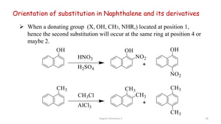  When a donating group (X, OH, CH3, NHR,) located at position 1,
hence the second substitution will occur at the same ring at position 4 or
maybe 2.
Orientation of substitution in Naphthalene and its derivatives
Organic Chemistry 3 36
 