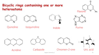 55
Organic Chemistry 3
Bicyclic rings contanining one or more
heteroatoms
N
H
Flavone
Indole
N
H
N N
N
N H
O
N
H
N
H
O
H
N
O
Carbazole Uric acid
Purine
N N
Quinoline Isoquinoline
Chromen-2-one
Acridine
 