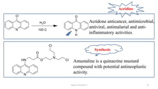 Organic Chemistry 3 61
Acridone anticancer, antimicrobial,
antiviral, antimalarial and anti-
inflammatory activities.
Amustaline is a quinacrine mustard
compound with potential antineoplastic
activity.
Acridine
Synthesis
 