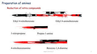 Preparation of amines
Reduction of nitro compounds
Ethyl 4-nitrobenzoate Ethyl 4-aminobenzoate
1-nitropropane Propan-1-amine
4-nitrobenzenamine Benzene-1,4-diamine
C
2
H
5
O
O
C
N
O
2
H
2
,
P
t
C
O
O
C
2
H
5
H
2
N
N
O
2
N
H
2
F
e
,
H
C
l
N
H
2
O
2
N
N
H
2
H
2
N
S
n
,
H
C
l
Organic Chemistry 3 7
 