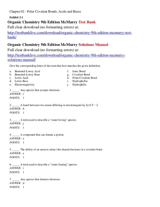 Organic Chemistry 9th Edition Mc Murry Test Bank