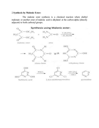 2.Synthesis by Malonic Ester:
The malonic ester synthesis is a chemical reaction where diethyl
malonate or another ester of malonic acid is alkylated at the carbon alpha (directly
adjacent) to both carbonyl groups.
 