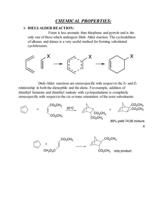 CHEMICAL PROPERTIES:
 DIELS ALDER REACTION:
Furan is less aromatic than thiophene and pyrrole and is the
only one of these which undergoes Diels Alder reaction. The cycloaddition
of alkenes and dienes is a very useful method for forming substituted
cyclohexenes.
Diels-Alder reactions are stereospecific with respect to the E- and Z-
relationship in both the dienophile and the diene. Forexample, addition of
dimethyl fumarate and dimethyl maleate with cyclopentadiene is completely
stereospecific with respect to the cis or trans orientation of the ester substituents.
 