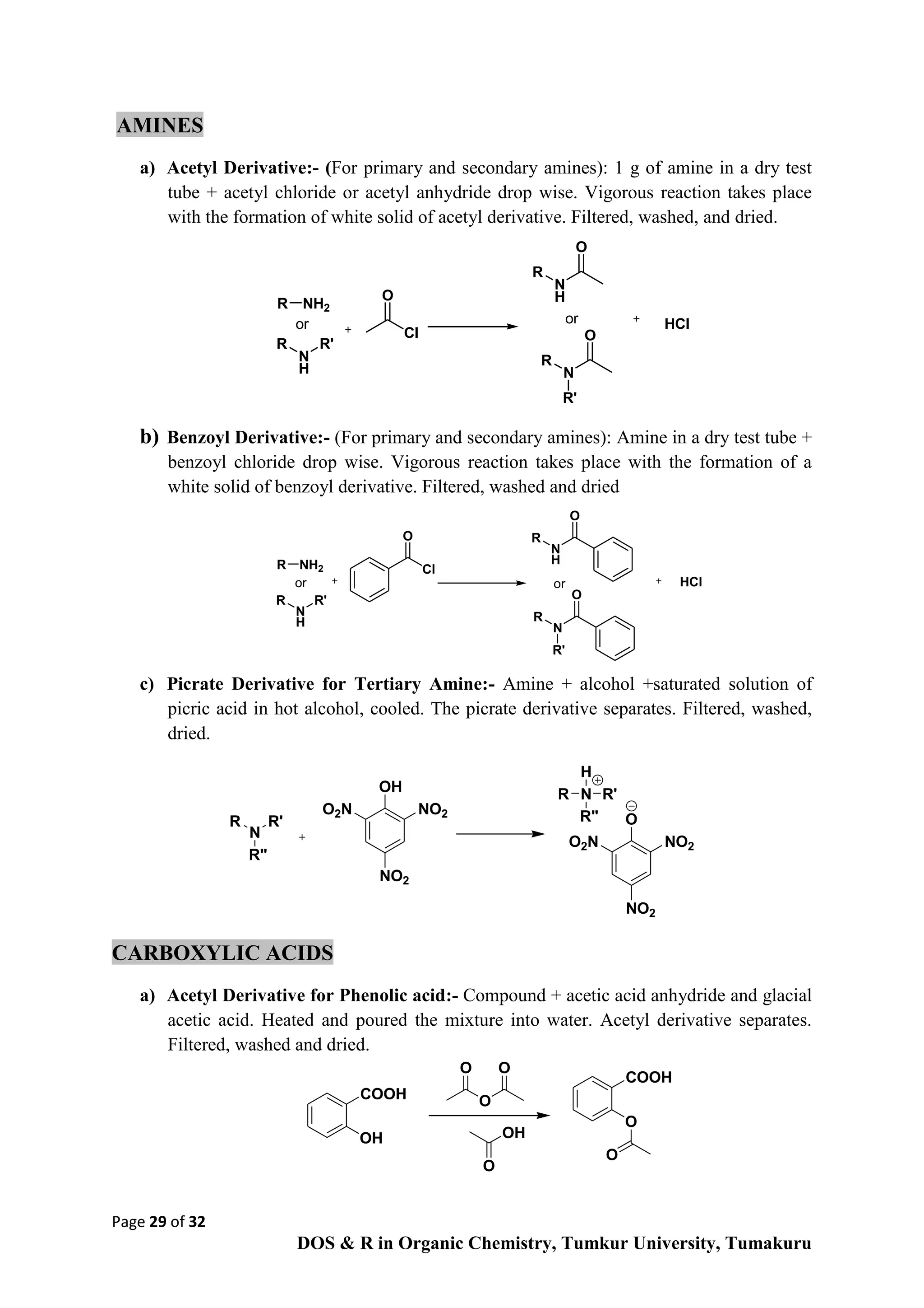 Page 29 of 32
DOS & R in Organic Chemistry, Tumkur University, Tumakuru
AMINES
a) Acetyl Derivative:- (For primary and secondary amines): 1 g of amine in a dry test
tube + acetyl chloride or acetyl anhydride drop wise. Vigorous reaction takes place
with the formation of white solid of acetyl derivative. Filtered, washed, and dried.
b) Benzoyl Derivative:- (For primary and secondary amines): Amine in a dry test tube +
benzoyl chloride drop wise. Vigorous reaction takes place with the formation of a
white solid of benzoyl derivative. Filtered, washed and dried
c) Picrate Derivative for Tertiary Amine:- Amine + alcohol +saturated solution of
picric acid in hot alcohol, cooled. The picrate derivative separates. Filtered, washed,
dried.
OH
O2N NO2
NO2
N
R'
R"
R
N R'
R"
R
H
O
O2N NO2
NO2
CARBOXYLIC ACIDS
a) Acetyl Derivative for Phenolic acid:- Compound + acetic acid anhydride and glacial
acetic acid. Heated and poured the mixture into water. Acetyl derivative separates.
Filtered, washed and dried.
COOH
OH
COOH
O
O
O
O
O
OH
O
Cl
O R
N
H
O
HCl
R NH2
R
N
H
R'
R
N
O
R'
or or
R NH2
Cl
O
R
N
H
O
HCl
R
N
H
R'
R
N
O
R'
or or
 