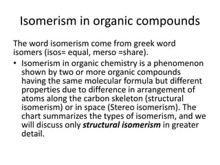 Isomerism in organic compounds
The word isomerism come from greek word
isomers (isos= equal, merso =share).
• Isomerism in organic chemistry is a phenomenon
shown by two or more organic compounds
having the same molecular formula but different
properties due to difference in arrangement of
atoms along the carbon skeleton (structural
isomerism) or in space (Stereo isomerism). The
chart summarizes the types of isomerism, and we
will discuss only structural isomerism in greater
detail.
 