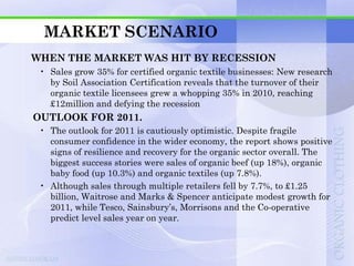 MARKET SCENARIO
WHEN THE MARKET WAS HIT BY RECESSION
 • Sales grow 35% for certified organic textile businesses: New research
   by Soil Association Certification reveals that the turnover of their
   organic textile licensees grew a whopping 35% in 2010, reaching
   £12million and defying the recession
OUTLOOK FOR 2011.
 • The outlook for 2011 is cautiously optimistic. Despite fragile
   consumer confidence in the wider economy, the report shows positive
   signs of resilience and recovery for the organic sector overall. The
   biggest success stories were sales of organic beef (up 18%), organic
   baby food (up 10.3%) and organic textiles (up 7.8%).
 • Although sales through multiple retailers fell by 7.7%, to £1.25
   billion, Waitrose and Marks & Spencer anticipate modest growth for
   2011, while Tesco, Sainsbury‟s, Morrisons and the Co-operative
   predict level sales year on year.
 