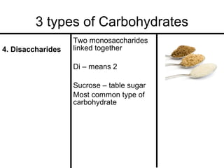 3 types of Carbohydrates
4. Disaccharides

Two monosaccharides
linked together
Di – means 2
Sucrose – table sugar
Most common type of
carbohydrate

 