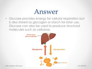 Answer
• Glucose provides energy for cellular respiration but
is also stored as glycogen or starch for later use.
Glucose can also be used to produce structural
molecules such as cellulose.
1/21/2018By Mariam Ohanyan
 