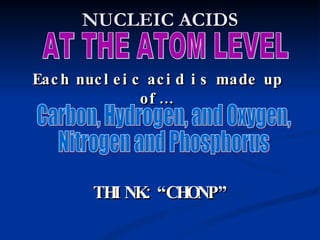 NUCLEIC ACIDS AT THE ATOM LEVEL Each nucleic acid is made up of… Carbon, Hydrogen, and Oxygen, Nitrogen and Phosphorus THINK: “CHONP” 