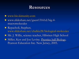 Resources www.bio.kimunity.com www.slideshare.net/guest13161d/big-4-macromolecules Repacholi, Stephen.  www.slideshare.net/chalkie28/biological-molecules Mr. J. Willis, science teacher, Hibriten High School Miller, Ken and Joe Levine.  Prentice hall Biology . Pearson Education Inc. New Jersey, 2005. 
