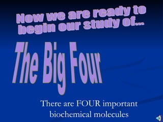The Big Four Now we are ready to  begin our study of... There are FOUR important biochemical molecules 