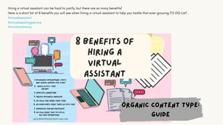 Hiring a virtual assistant can be hard to justify, but there are so many benefits!
Here is a short list of 8 benefits you will see when hiring a virtual assistant to help you tackle that ever-growing TO-DO List! .
#virtualassistant
#virtualassistingservice
#socialmediasetup
Organic content type:
GUIDE
 