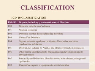 CLASSIFICATION
ICD-10 CLASSIFICATION
F00-F09 Organic, including symptomatic mental disorders
F00 Dementia in Alzheimer’s disease
F01 Vascular Dementia
F02 Dementia in other disease classified elsewhere
F03 Unspecified Dementia
F04 Organic amnestic syndrome, not induced by alcohol and other
psychoactive substances
F05 Delirium not induced by Alcohol and other psychoactive substances
F06 Other mental disorders due to brain damage and dysfunction and to
physical disease
F07 Personality and behavioral disorders due to brain disease, damage and
dysfunction
F09 Unspecified organic or symptomatic mental disorder
 