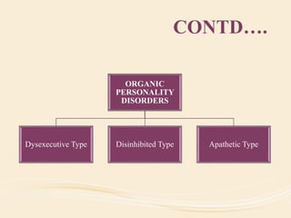 CONTD….
ORGANIC
PERSONALITY
DISORDERS
Dysexecutive Type Disinhibited Type Apathetic Type
 