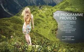 THE PROGRAMME
PROVIDES
Original nutritional supplements,
tips regarding health, sports and
beauty,
personalised training
recommendations,
useful self-monitoring techniques,
incomparable support by the
community.
Up to 90% of programme
participants
reported an obvious eﬀect!

 