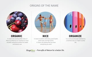 ORIGINS OF THE NAME

ORGANIC

It means the inexhaustible riches of
Nature puriﬁed by our scientists to most
valuable substances perfect for health
and beauty care.

NICE

It means excellent well-being, good health,
great looks and high spirits.
It means the feeling that you have
everything you want.

– Pure gi s of Nature for a better life.

ORGANIZE

It is a structured guide highlighting
a shortest way to a higher-quality
life.

 