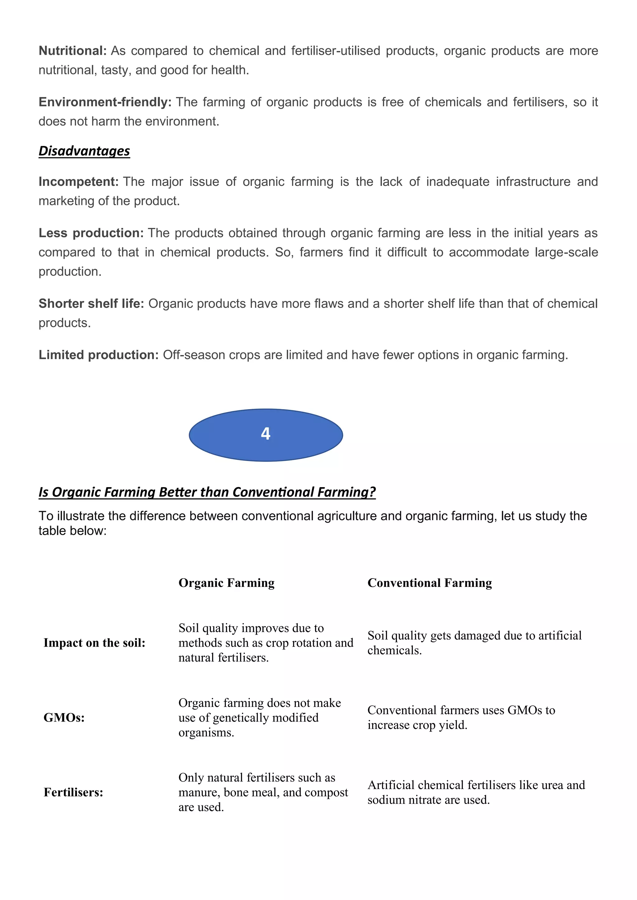 Nutritional: As compared to chemical and fertiliser-utilised products, organic products are more
nutritional, tasty, and good for health.
Environment-friendly: The farming of organic products is free of chemicals and fertilisers, so it
does not harm the environment.
Disadvantages
Incompetent: The major issue of organic farming is the lack of inadequate infrastructure and
marketing of the product.
Less production: The products obtained through organic farming are less in the initial years as
compared to that in chemical products. So, farmers find it difficult to accommodate large-scale
production.
Shorter shelf life: Organic products have more flaws and a shorter shelf life than that of chemical
products.
Limited production: Off-season crops are limited and have fewer options in organic farming.
Is Organic Farming Better than Conventional Farming?
To illustrate the difference between conventional agriculture and organic farming, let us study the
table below:
Organic Farming Conventional Farming
Impact on the soil:
Soil quality improves due to
methods such as crop rotation and
natural fertilisers.
Soil quality gets damaged due to artificial
chemicals.
GMOs:
Organic farming does not make
use of genetically modified
organisms.
Conventional farmers uses GMOs to
increase crop yield.
Fertilisers:
Only natural fertilisers such as
manure, bone meal, and compost
are used.
Artificial chemical fertilisers like urea and
sodium nitrate are used.
4
 
