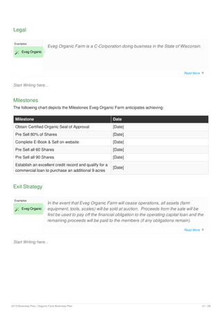 Legal
Start Writing here...
Examples
 Eveg Organic
Eveg Organic Farm is a C-Corporation doing business in the State of Wisconsin.
Milestones
The following chart depicts the Milestones Eveg Organic Farm anticipates achieving:
Milestone Date
Obtain Certified Organic Seal of Approval [Date]
Pre Sell 80% of Shares [Date]
Complete E-Book & Sell on website [Date]
Pre Sell all 60 Shares [Date]
Pre Sell all 90 Shares [Date]
Establish an excellent credit record and qualify for a
commercial loan to purchase an additional 9 acres
[Date]
Exit Strategy
Start Writing here...
Examples
 Eveg Organic
In the event that Eveg Organic Farm will cease operations, all assets (farm
equipment, tools, scales) will be sold at auction. Proceeds from the sale will be
first be used to pay off the financial obligation to the operating capital loan and the
remaining proceeds will be paid to the members (if any obligations remain).
Read More 
Read More 
2019 Business Plan | Organic Farm Business Plan 21 / 28
 
