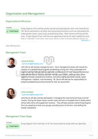 Organization and Management
Organizational Structure
Start Writing here...
Examples
 Eveg Organic
Eveg Organic Farm will be wholly owned and operated by John and Jane Burns.
Mr. Burns will perform all office and accounting functions such as calculating the
initial garden costs, seed costs and planting times. Both owners will harvest the
crop. Eveg Organic Farm will hire one apprentice farmer for each additional acre
that is cultivated. Over time, they have plans to hire part-time delivery drivers as
well as bookkeeper.
Management Team
JOHN BURNS
- john.burns@example.com
John Burns will actively manage the farm. Farm management duties will include the
creation of a detailed planting guide and building a living soil. Only sustainable and
organic farming methods will be used with no reliance on off-farm inputs and chemical
pesticides/fertilizers. Growing methods include crop rotation, planting cover crops,
applying finished compost and mulches, and encouraging beneficial insects, weed
management, irrigation, and harvesting. Mr. Burns will also be the responsibility for
preparing detailed accounting records for their tax accountant.
JANE BURNS
- jane.burns@example.com
Jane Burns will also actively participate in managing the crop during the busy summer
months. During the slower winter months, both will work to complete their E-books which
will be sold online and supplement revenue. They will also actively market Eveg Organic
Farm by speaking to local civic groups, providing tours of the farm, and drafting the
weekly newsletters.
Management Team Gaps
Examples
 Eveg Organic
Eveg Organic Farm will rely on its Tax Accountant to assist with tax reporting.
upmetrics.co
Read More 
2019 Business Plan | Organic Farm Business Plan 22 / 28
 
