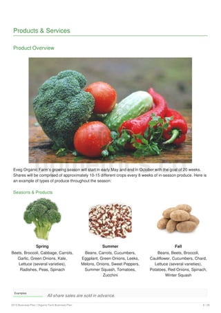 Products & Services
Product Overview
Eveg Organic Farm’s growing season will start in early May and end in October with the goal of 20 weeks.
Shares will be comprised of approximately 10-15 different crops every 8 weeks of in-season produce. Here is
an example of types of produce throughout the season:
Seasons & Products
Spring
Beets, Broccoli, Cabbage, Carrots,
Garlic, Green Onions, Kale,
Lettuce (several varieties),
Radishes, Peas, Spinach
Summer
Beans, Carrots, Cucumbers,
Eggplant, Green Onions, Leeks,
Melons, Onions, Sweet Peppers,
Summer Squash, Tomatoes,
Zucchini
Fall
Beans, Beets, Broccoli,
Cauliflower, Cucumbers, Chard,
Lettuce (several varieties),
Potatoes, Red Onions, Spinach,
Winter Squash
Examples
All share sales are sold in advance.
upmetrics.co
2019 Business Plan | Organic Farm Business Plan 8 / 28
 