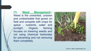 (7). Weed Management:-
Weed is the unwanted, unsown
and undesireable that grows on
field and compete with crops for
space , nutrients, water and
sunlight. Organic farming
focuses on lowering weeds and
not using chemical herbicides
for preventing and not removing
them completely.
Source:- https://.agrihomegh.com
 