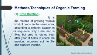 Methods/Techniques of Organic Farming
(1). Crop Rotation:-
It is
the method of growing various
kind of crops in the same area,
according to different season in
a sequential way. Here land is
fixed but crop is rotated year
after year. It helps to check the
erosion, improves soil fertility
and stabilize income.
Source:- https://.agrihomegh.com
 