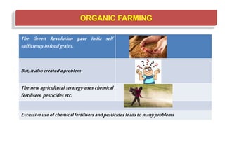 ORGANIC FARMING
The Green Revolution gave India self
sufficiencyinfoodgrains.
But,italsocreatedaproblem
The new agricultural strategy uses chemical
fertilisers, pesticidesetc.
Excessiveuseofchemicalfertilisers andpesticidesleadstomanyproblems
 