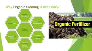 Organic
Farming
Organic
Fertilizers
Lower water
Consumption
Increased
soil organic
matter
Improved
soil water
holding
capacity
Reduced soil
loses
Lower
energy uses
Why Organic Farming is necessary?
 