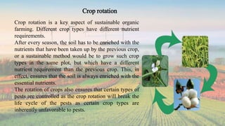 Crop rotation is a key aspect of sustainable organic
farming. Different crop types have different nutrient
requirements.
After every season, the soil has to be enriched with the
nutrients that have been taken up by the previous crop,
or a sustainable method would be to grow such crop
types in the same plot, but which have a different
nutrient requirement than the previous crop. This, in
effect, ensures that the soil is always enriched with the
essential nutrients.
The rotation of crops also ensures that certain types of
pests are controlled as the crop rotation will break the
life cycle of the pests as certain crop types are
inherently unfavorable to pests.
Crop rotation
 