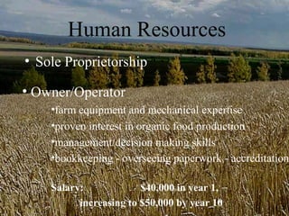 Human Resources
• Sole Proprietorship

• Owner/Operator
    •farm equipment and mechanical expertise
    •proven interest in organic food production
    •management/decision making skills
    •bookkeeping - overseeing paperwork - accreditation

    Salary:             $40,000 in year 1,
          increasing to $50,000 by year 10
 