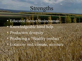 Strengths
•   Educated farmer/businessman
•   Knowledgeable hired help
•   Production diversity
•   Producing a “Healthy product”
•   Location- soil, climate, moisture
 