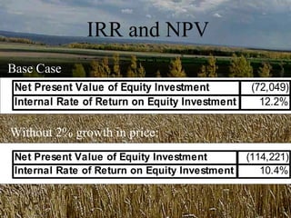IRR and NPV
Base Case
 Net Present Value of Equity Investment          (72,049)
 Internal Rate of Return on Equity Investment      12.2%

Without 2% growth in price:
 Net Present Value of Equity Investment         (114,221)
 Internal Rate of Return on Equity Investment      10.4%
 