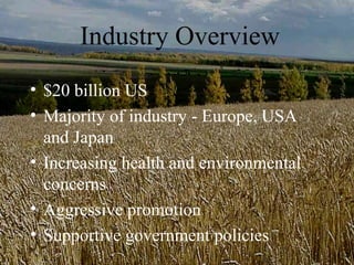 Industry Overview
• $20 billion US
• Majority of industry - Europe, USA
  and Japan
• Increasing health and environmental
  concerns
• Aggressive promotion
• Supportive government policies
 