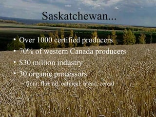Saskatchewan...
•   Over 1000 certified producers
•   70% of western Canada producers
•   $30 million industry
•   30 organic processors
    – flour, flax oil, oatmeal, bread, cereal
 