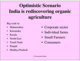 Optimistic Scenario
India is rediscovering organic
agriculture
Big scale in
• Maharashtra
• Karnataka
• Corporate sector
• Individual farms• Karnataka
• Kerala
• North East
• Tamil Nadu
• Punjab
• Madhya Pradesh
• Individual farms
• Small Farmers
• Consumers
D. Narasimha Reddy
 