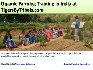 Organic Farming Training in India at
TigersByTribals.com
Email Id: info@tigersbytribals.com Organic Farming Vegetables
TigersByTribals- offers organic farming training, organic farming india, organic farming
vegetables, vegetable organic farming at affordable price.
 