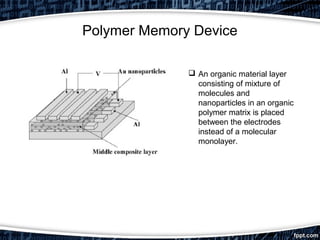 Polymer Memory Device
 An organic material layer
consisting of mixture of
molecules and
nanoparticles in an organic
polymer matrix is placed
between the electrodes
instead of a molecular
monolayer.
 