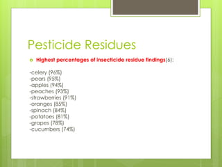 Pesticide Residues 
 Highest percentages of insecticide residue findings(6): 
-celery (96%) 
-pears (95%) 
-apples (94%) 
-peaches (93%) 
-strawberries (91%) 
-oranges (85%) 
-spinach (84%) 
-potatoes (81%) 
-grapes (78%) 
-cucumbers (74%) 
 
