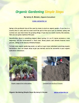 Organic Gardening Simple Steps By Leroy A. Brown www.cariporter.ca
Organic Gardening Simple Steps
By Leroy A. Brown, Organic Consultant
www.cariporter.ca
Spring is the preferred time of the year by many to start an organic garden. If you live in a
country that is cold, and has snow and frost part of the year such as Canada, spring and
summer are your best times for growing things. If you live in a warm country like Jamaica,
then you can grow anytime of the year.
Nevertheless, there is something magical about spring. It is as if it gives someone a new
beginning, and the environment a fresh start. Many plants and animals become more
present, adding to the beauty of Mother Nature.
To help make organic gardening easier, as well as to get more individuals practicing organic
horticulture, here are simple steps to get you started, and to be successful in your organic
cultivation endeavours.
Organic veggies from urban garden Compost from the City of Toronto
 