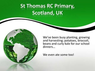 St Thomas RC Primary,
Scotland, UK

We’ve been busy planting, growing
and harvesting; potatoes, broccoli,
beans and curly kale for our school
dinners…
We even ate some too!

 