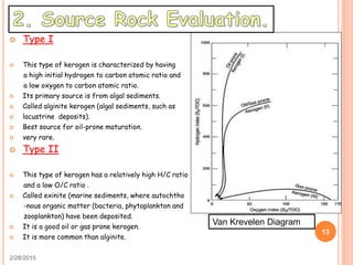 2/28/2015
13
Van Krevelen Diagram
 Type I
 This type of kerogen is characterized by having
a high initial hydrogen to carbon atomic ratio and
a low oxygen to carbon atomic ratio.
 Its primary source is from algal sediments.
 Called alginite kerogen (algal sediments, such as
 lacustrine deposits).
 Best source for oil-prone maturation.
 very rare.
 Type II
 This type of kerogen has a relatively high H/C ratio
and a low O/C ratio .
 Called exinite (marine sediments, where autochtho
-nous organic matter (bacteria, phytoplankton and
zooplankton) have been deposited.
 It is a good oil or gas prone kerogen.
 It is more common than alginite.
 