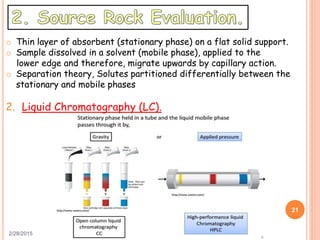 2/28/2015
21
o Thin layer of absorbent (stationary phase) on a flat solid support.
o Sample dissolved in a solvent (mobile phase), applied to the
lower edge and therefore, migrate upwards by capillary action.
o Separation theory, Solutes partitioned differentially between the
stationary and mobile phases
2. Liquid Chromatography (LC).
 