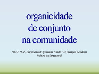 organicidade
de conjunto
na comunidade
DGAE11-15,DocumentodeAparecida,Estudo104,EvangeliiGaudium
Palavraeaçãopastoral
 