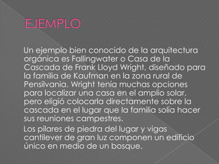 Un ejemplo bien conocido de la arquitectura
orgánica es Fallingwater o Casa de la
Cascada de Frank Lloyd Wright, diseñado para
la familia de Kaufman en la zona rural de
Pensilvania. Wright tenía muchas opciones
para localizar una casa en el amplio solar,
pero eligió colocarla directamente sobre la
cascada en el lugar que la familia solía hacer
sus reuniones campestres.
Los pilares de piedra del lugar y vigas
cantilever de gran luz componen un edificio
único en medio de un bosque.
 
