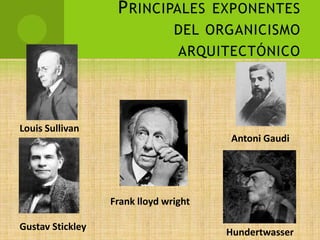 P RINCIPALES EXPONENTES
                                DEL ORGANICISMO
                                ARQUITECTÓNICO




Louis Sullivan
                                       Antoni Gaudi




                  Frank lloyd wright

Gustav Stickley
                                       Hundertwasser
 