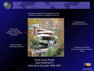 Frank Lloyd Wright
Casa Kaufmann o
Casa de la Cascada 1936-1937
Características generales: integración entorno,
estructura cruciforme, distribución libre, etc.
Tres plantas
escalonadas para
adaptarse a desniveles
del terreno
Terrazas de hormigón
en enorme saledizo incorporan
arroyo
Base chimenea
excavada en la roca
Perspectivas en
diferentes direcciones
Historia del Arte
Rosa Mª Vilá Blasco
 