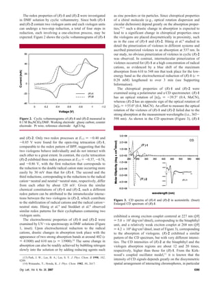 The redox properties of (R)-1 and (R)-2 were investigated              as zinc powders or tin particles. Since chiroptical properties
in DMF solution by cyclic voltammetry. Since both (R)-1                  of a chiral molecule (e.g., optical rotation dispersion and
and (R)-2 contain two viologen units and each viologen units             circular dichroism) depend greatly on the absorption proper-
can undergo a two-step reduction, a total of four steps in               ties,10,11 such a drastic change in absorption is expected to
reduction, each involving a one-electron process, may be                 lead to a significant change in chiroptical properties once
expected. Figure 2 shows the cyclic voltammograms of (R)-1               the viologens are placed dissymetrically in proximity, such
                                                                         as in the case of (R)-1 and (R)-2. Hunig et al.9 studied in
                                                                                                                ¨
                                                                         detail the pimerization of violenes in different systems and
                                                                         ascribed pimerized violenes to an absorption at 537 nm. In
                                                                         our study, no obvious pimerization of violenes in cyclic (R)-2
                                                                         was observed. In contrast, intermolecular pimerization of
                                                                         violenes occurred for (R)-1 at a high concentration of radical
                                                                         cations, as evidenced by a blue shift of the maximum
                                                                         absorption from 610 to 548 nm that took place for the low-
                                                                         energy band as the electrochemical reduction of (R)-1 (c )
                                                                         0.28 mM) lengthened to over 3 min (see Supporting
                                                                         Information).
                                                                            The chiroptical properties of (R)-1 and (R)-2 were
                                                                         examined using a polarimeter and a CD spectrometer. (R)-1
                                                                         has an optical rotation of [R]D ) -39.5° (0.4, MeCN),
                                                                         whereas (R)-2 has an opposite sign of the optical rotation of
                                                                         [R]D ) +55.0° (0.4, MeCN). An effort to measure the optical
                                                                         rotation of the violenes of (R)-1 and (R)-2 failed due to the
                                                                         strong absorption at the measurement wavelengths (i.e., 365-
Figure 2. Cyclic voltammograms of (R)-1 and (R)-2 measured in            598 nm). As shown in the CD spectrum (Figure 3), (R)-1
0.1 M Bu4NClO4/DMF. Working electrode: glassy carbon; counter
electrode: Pt wire; reference electrode: AgCl/Ag.


and (R)-2. Only two redox processes at E1/2 ) -0.40 and
-0.85 V were found for the open-ring tetracation (R)-1,
comparable to the redox pattern of BPP, suggesting that the
two viologens behave individually and do not interact with
each other to a great extent. In contrast, the cyclic tetracation
(R)-2 exhibited three redox processes at E1/2 ) -0.37, -0.74,
and -0.86 V, with the first reduction that corresponds to
the reduction to the double radical cation state occurring more
easily by 30 mV than that for (R)-1. The second and the
third reductions, corresponding to the reductions to the radical
cation-neutral and neutral-neutral state, respectively, differ
from each other by about 120 mV. Given the similar
chemical constitutions of (R)-1 and (R)-2, such a different
redox pattern can be attributed to the intramolecular interac-
tions between the two viologens in (R)-2, which contribute
                                                                         Figure 3. CD spectra of (R)-1 and (R)-2 in acetonitrile. (Inset)
to the stabilization of radical cations and the radical cation-          Enlarged CD spectrum of (R)-1.
neutral state. Hunig et al.9 and Stoddart et al.8 observed
                  ¨
similar redox patterns for their cyclophanes containing two
viologen units.                                                          exhibited a strong exciton couplet centered at 227 nm ([θ]
   The electrochromic properties of (R)-1 and (R)-2 were                 ) 5.0 × 105 deg‚cm2/dmol), corresponding to the binaphthyl
examined by UV-vis spectroscopy in DMF solutions (Figure                 unit, and a relatively weak exciton couplet at 268 nm ([θ]
1, inset). Upon electrochemical reduction to the radical                 ) 4.2 × 104 deg‚cm2/dmol, inset of Figure 3), corresponding
cations, drastic changes in absorption took place with the               to the absorption of viologens. (R)-2 exhibited a similar
appearance of two strong absorption bands at around 402 (                pattern of the CD spectrum, but with very different intensi-
) 41800) and 610 nm ( ) 13900).14 The same change in                     ties. The CD intensities of (R)-2 at the binaphthyl and the
absorption can also be readily achieved by bubbling nitrogen             viologen absorption regions are about 12 and 20 times,
slowly into the solution or by adding reducing agents such               respectively, higher than those for (R)-1. From the Kirk-
                                                                         wood’s coupled oscillator model,11 it is known that the
  (13) Park, J. W.; Lee, B. A.; Lee, S. Y. J. Phys. Chem. B 1998, 102,
8209.                                                                    intensity of CD signals depends greatly on the dissymmetric
  (14) Watanabe, T.; Honda, K. J. Phys. Chem. 1982, 86, 2617.            spatial arrangement of interacting chromophores, in particular
Org. Lett., Vol. 9, No. 26, 2007                                                                                                     5395
 