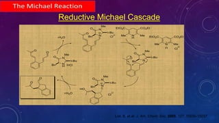 Reductive Michael Cascade
-H2O
N
H
MeMe
EtO2C CO2Et
N MeMe
EtO2C CO2Et
H
+H2O
N
H
NO
Me
Bn ·HCl
t-Bu
N
NO
Me
Bn Cl
t-Bu
O
O
O
N
NO
Me
Bn
Cl
t-BuO
Cl
N
NO
Me
Bn
t-Bu
HO
O
O
List, B. et.al. J. Am. Chem. Soc. 2005, 127, 15036-15037.
 