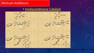 I
• Imidazolidinone Catalyst
Me
N
H
NO
Me
t-Bu
Ph
N
N
O
N
H
NO
Me
Ph
Me
Me
H
H
H
HH
H
H
H
MeN
N
O H
H
H
HH
H
H
Me
N
R
MeN
N
O Me
Me
Me
H
MeN
N
O Me
Me
Me
Me
N
R
HH
HH
MacMillan, D. and Austin, J. J. Am. Chem. Soc. 2002, 124, 1172-
1173
 